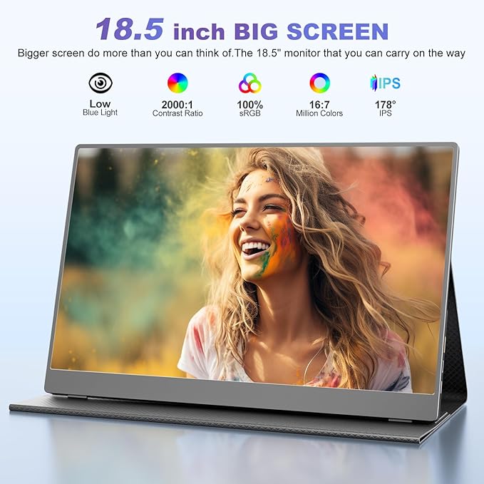 18.5 Inch Portable Monitor, FHD 120Hz IPS HDR 125% sRGB USB-C HDMI External Travel Monitor with Built-in Speakers, VESA Compatible for Laptop MacBook PC Surface PS5 Xbox
