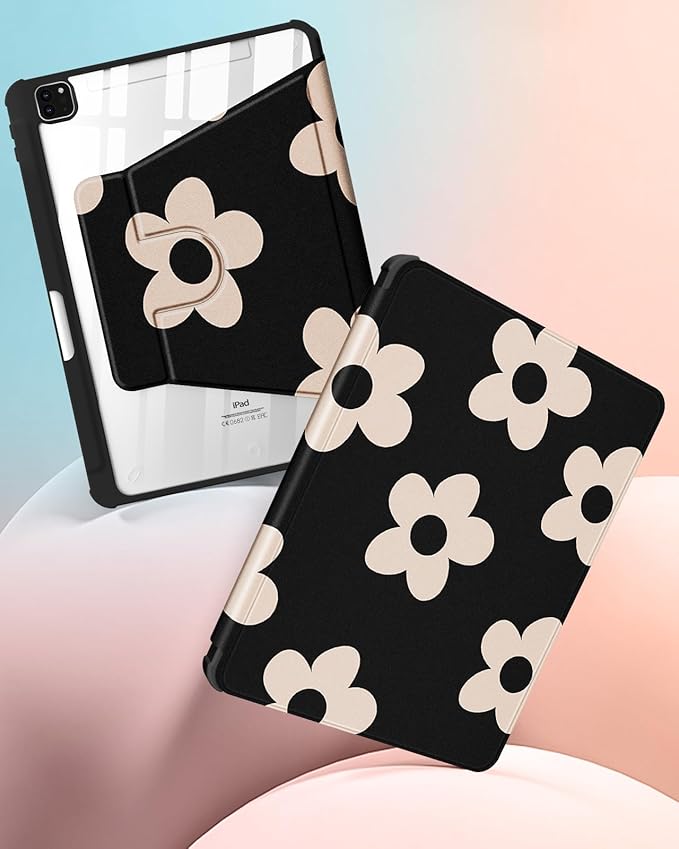 Uppuppy for iPad Pro 12.9 Case Folio Cover with Pencil Holder Girls Women Cute Girly Kids kawaii Flower Floral Pretty Black Design Rotating Stand for Apple iPad Pro 12.9 Inch Cases 2022/2021/2020/2018