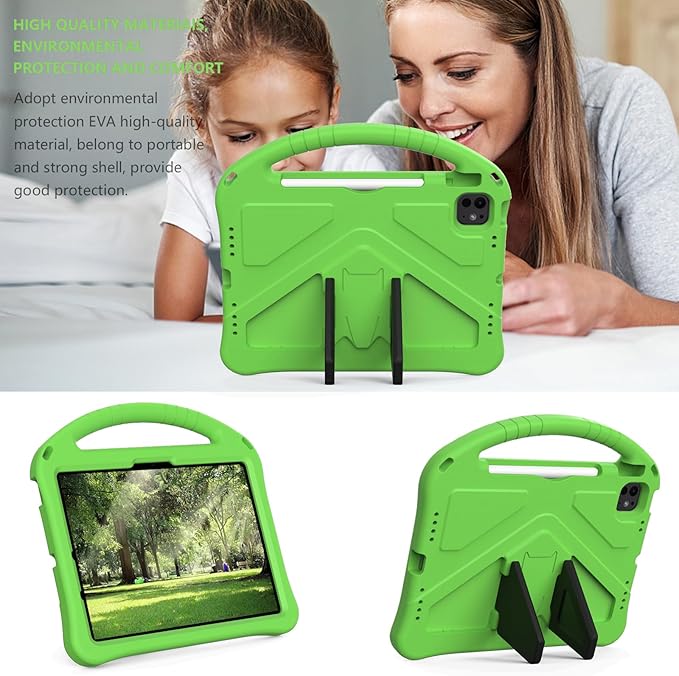 Kids Case for iPad Pro 11 inch M5/M4 (2025/2024) with Kickstand/Pencil Holder/Handle Stand Lightweight Soft EVA Foam Shockproof Heavy Duty Rugged Protection Kids Girls Boys Cover, Green