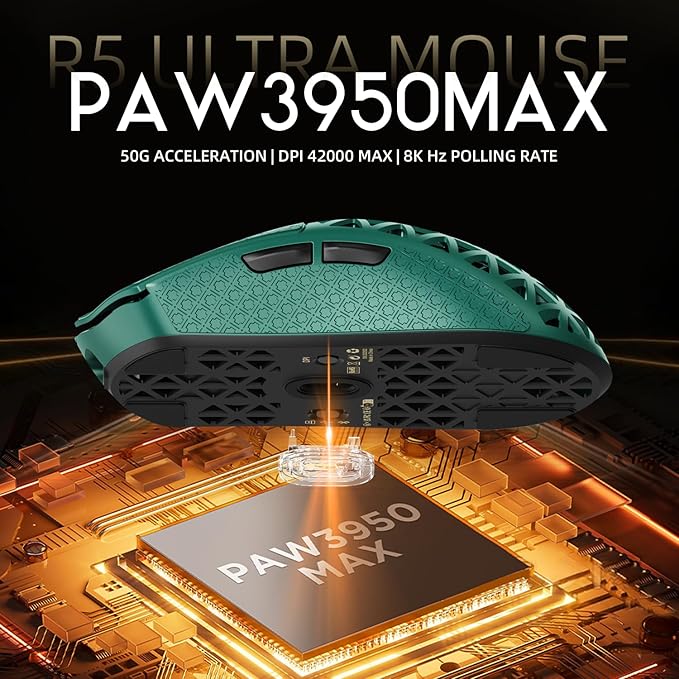 R5Ultra 8K Carbon Fiber Wireless Gaming Mouse with 42000 DPI -PAW3950 MAX Sensor -39g Ultra-Lightweight-Nordic 52840 MCU Chip-Wired/BT/2.4GHz Wirelss Programmable Mouse Tape for PC/Mac (Green)