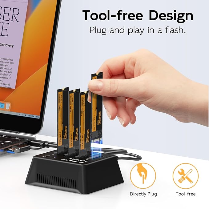 M.2 Dock with Fan for NVME SATA SSD, Tool-Free 4 Bay NVMe Reader with Indicator Light, 10Gbps Speed（No Clone Function）