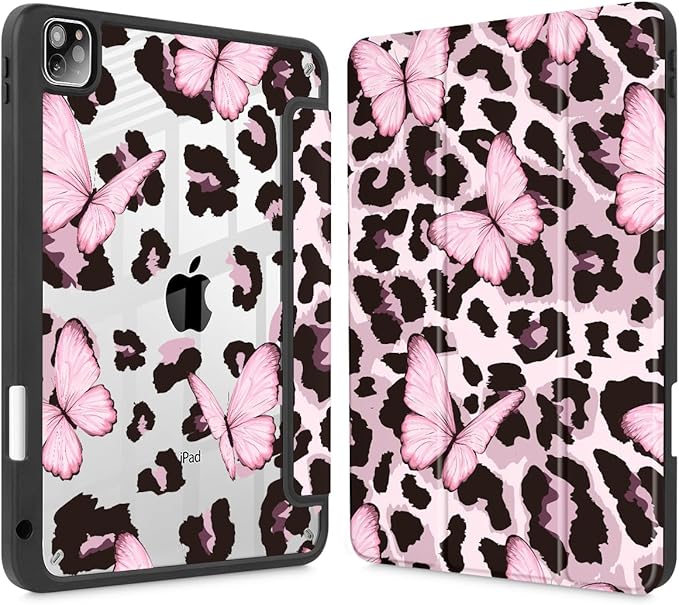 Mektron Case for iPad Pro 11 inch (4th, 3rd, 2nd & 1st Gen) 2022 2021 2020 2018, Buit in Pencil Holder with Shockproof Cover Clear Shell + Auto Wake/Sleep, Leopard Pink Butterfly
