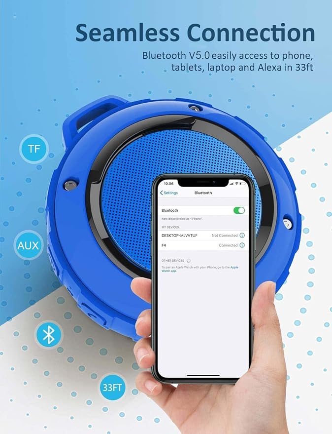 Kunodi Bluetooth Shower Speaker with IPX7 Waterproof, Dynamic Lights, Crisp Clear Sound, True Wireless Stereo, Clip Portable for Pool Beach Boat Kayak Float Golf