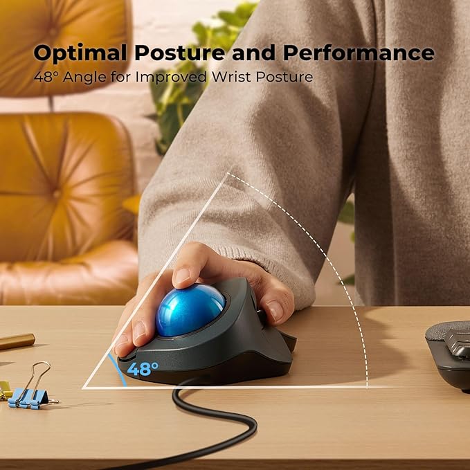 Wired Trackball Mouse for Large Hands, Ergonomic Design Reduces Wrist & Muscle Strain, Precision Tracking with Easy Index Finger Control, Compatible with PC, Laptop, Windows, Mac, Blue