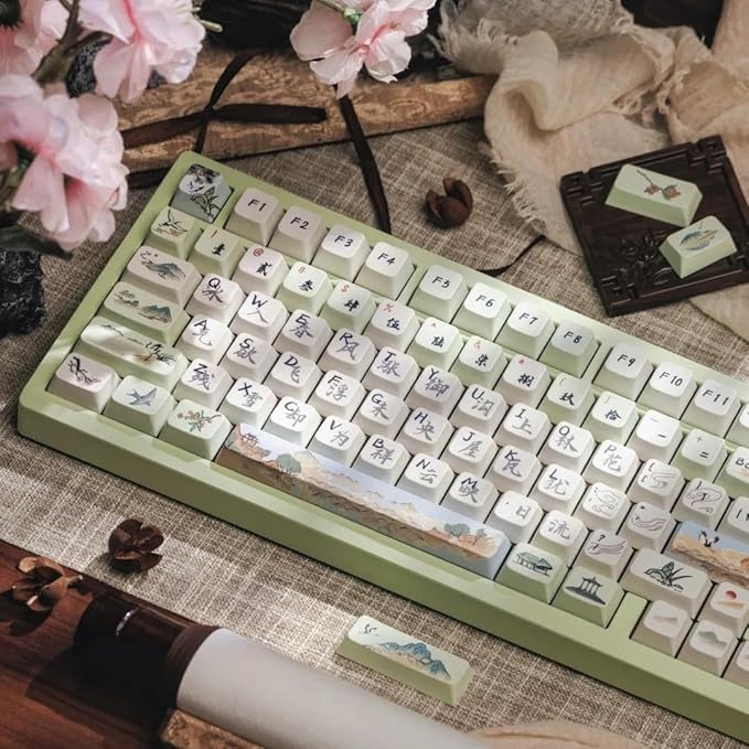 PBT Keycaps-Green Aesthetic Custom Cherry Keycaps,118 Keys Dye Sub Chinese Ancientry Theme Custom Key Caps Keyboard Keycap Set for 100%, 75%, 65%, 60% Mechanical Keyboard