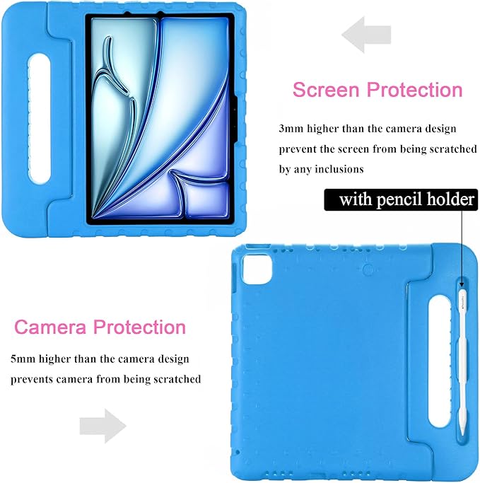 for iPad Air 11-inch Case M3/M2 (2025/2024) for Kids with Pencil Holder/Kickstand, Anti-Slip Handle Stand Lightweight Soft EVA Foam Shockproof Rugged Bumper Tablet Protective Cover, Blue