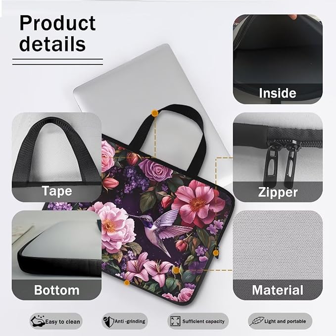 Hummingbird Bright Floral 13 Inch Computer Sleeve Tablet Portable Carrying Sleeve Case Bag Waterproof Laptop Tote Bag Notebook Messenger Briefcase Tablet Handbag for School/Office