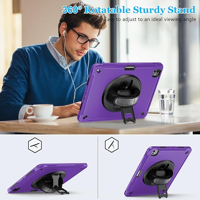 Case for iPad Pro 13 Inch M5 2025/ M4 2024: Military Grade Cover for iPad Pro 13" with Screen Protector - Stand - Handle - Shoulder Strap - Pencil Holder- Purple