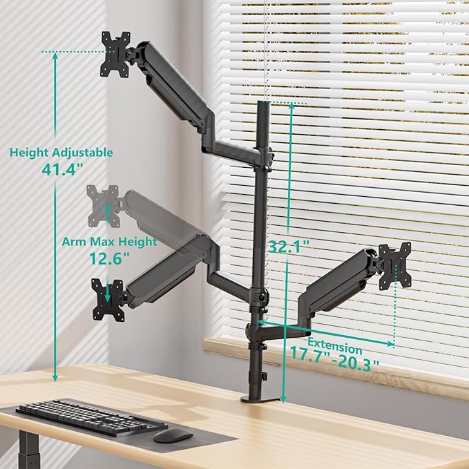 WALI Triple Monitor Mount for 13-34 inch Screens, Full Adjustable 3 Monitors Desk Mount with Clamp & Grommet Base, Triple Monitors Arm, up to 19.8lbs Each, VESA 75x75 100x100 mm (GSDM003XL), Black