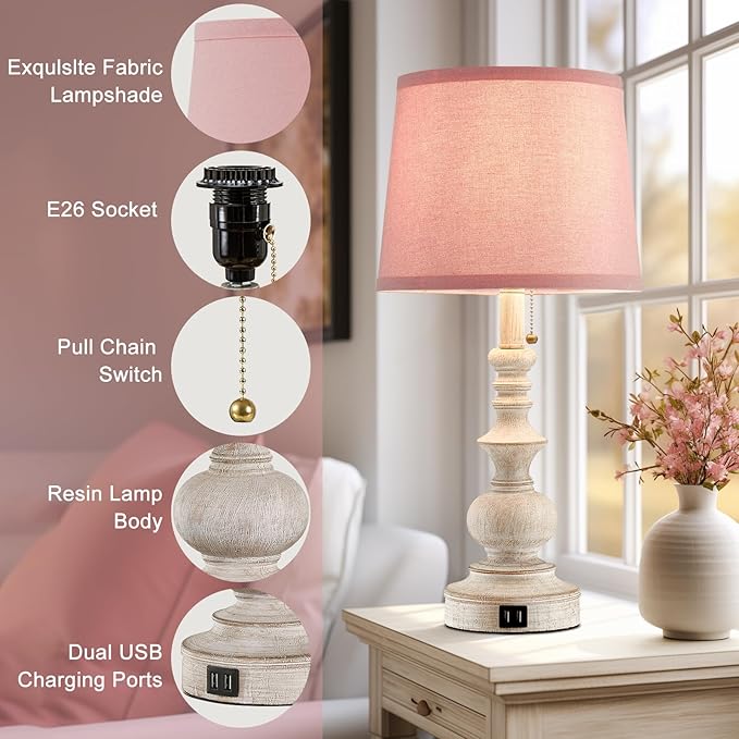 Drawealth 22'' Bedside Table Lamps Set of 2 Modern Farmhouse Nightstand Lamps for Bedroom with USB Charging Ports Vintage Boho Table Lamps for Girls Kids Living Room,Pink Shade,Bulbs Not Included