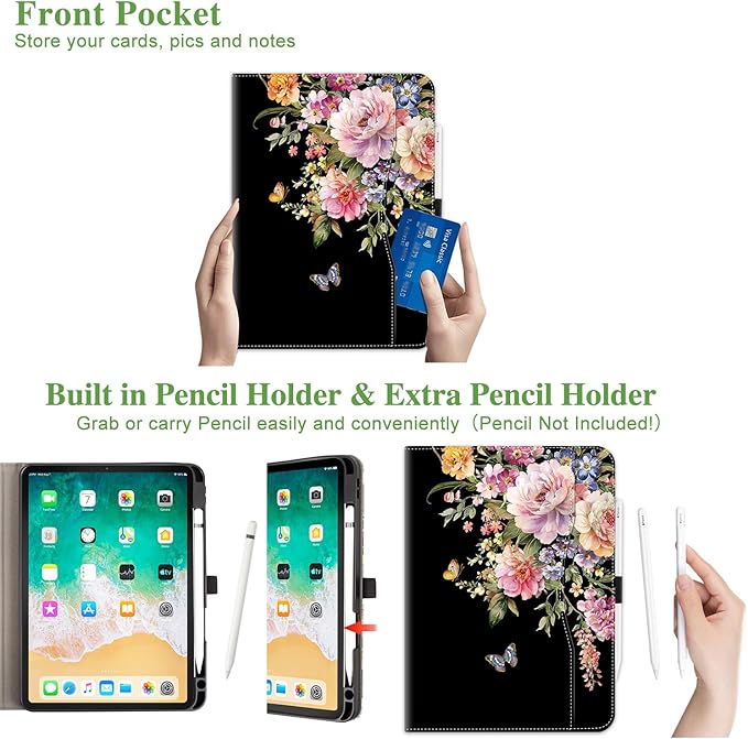 Vimorco for iPad Air 13 Inch Case M4/M3/M2 2026/2025/2024 Black Floral, for iPad Air 13 Case for Girls Women, Pencil Holder/Hand Strap/Pocket/Screen Protection Band, Flower Butterfly