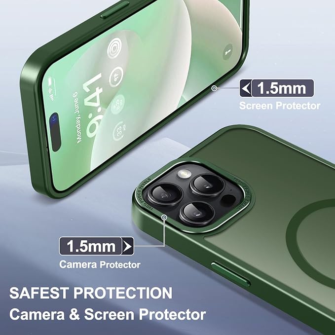 Newfuture Magnetic for iPhone 15 Pro Case [Compatible with Magsafe] [Military Grade Drop Protection] Translucent Matte Anti-Fingerprint Shockproof Phone Case for iPhone 15 Pro 6.1 inch, Dark Green