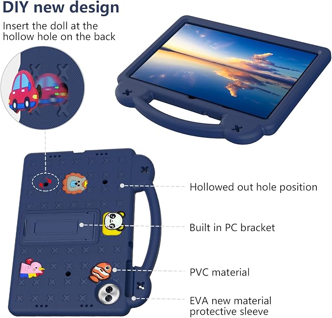 AKABEILA Compatible with Honor Pad 10 2025 12.1 inch Tablet Case, Kids Friendly Universal Lightweight Shockproof Protective Case with Shoulder Strap & Stand Handle Navy Blue
