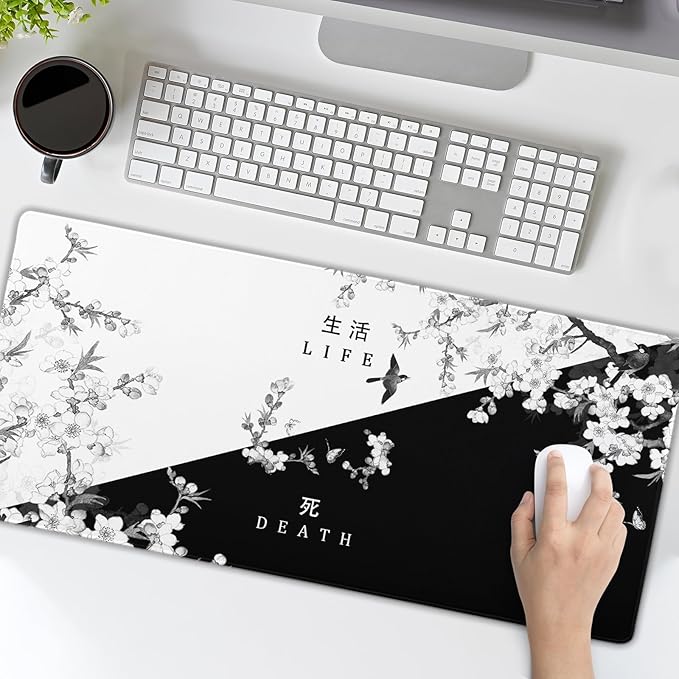 XXL Large Gaming Mouse Pad,Japanese Sakura Death Life Extended Desk Pad Non-Slip Rubber Base 35.4x15.7in with Stitched Edges Waterproof Full Desk Pads Computer Gaming Mousepads for Work/Game/Office