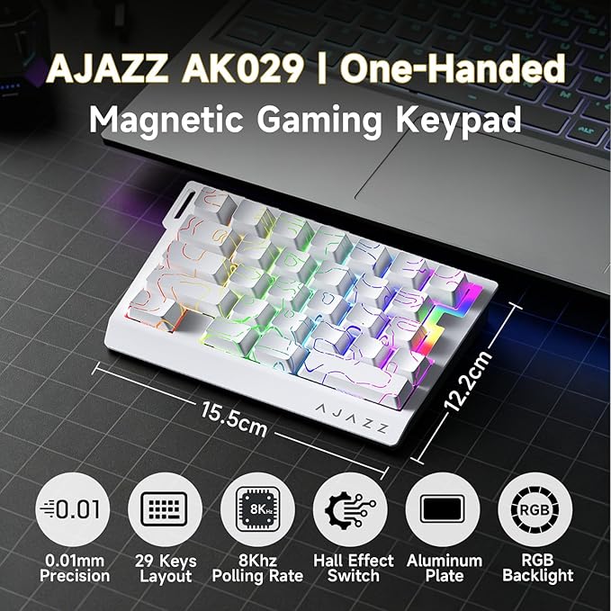 AJAZZ AK029 One-Handed Gaming Keyboard, 29 Keys Wired Keypad, SOCD & DKS, Magnetic Switch, 8KHz Polling, Web Driver Customizable, Portable for Editing/Travel, Aluminum Plate, White Contour Line