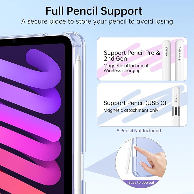 MoKo for iPad mini 7 A17 Pro Case 2024, iPad mini 6th Generation Case 8.3 Inch 2021 with Pencil Holder, Slim Light Trifold Smart Protective Cover with Hard PC Translucent Back Shell, Lavender Purple