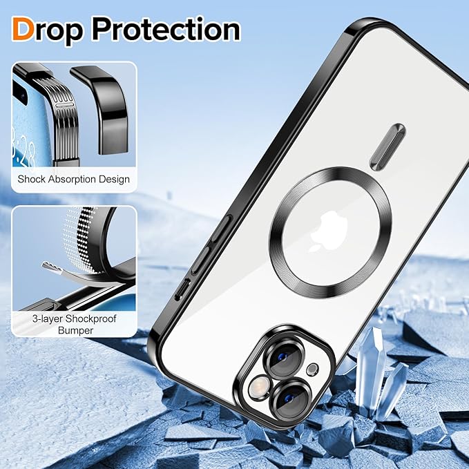 Hython Magnetic Clear for iPhone 15 Case with Camera Lens Protector [Compatible with MagSafe] Luxury Plating Edge Slim Soft TPU Cover Protective Phone Case for iPhone 15 6.1", Black