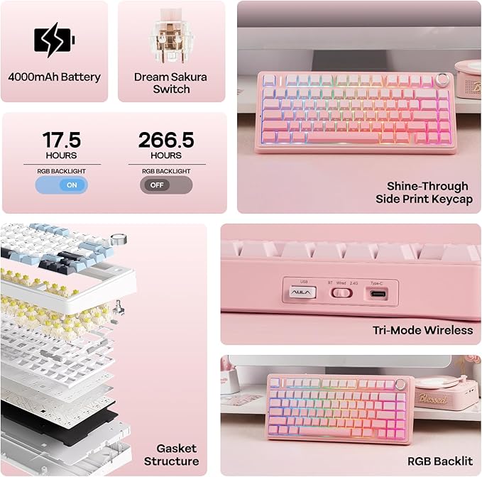 EPOMAKER X Aula F75 75% Wireless Gaming Keyboard, BT/2.4GHz/USB-C, Hot Swappable Creamy Mechanical Keyboard with 5-Layer Padding&Knob, NKRO, RGB (Pink)