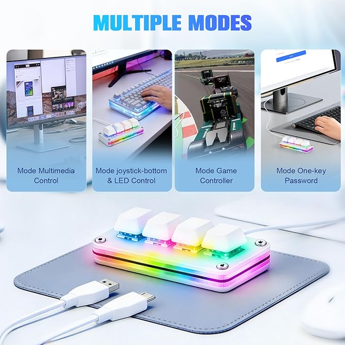 aikeec White Mini 4-Key Keypad Mechanical Gaming Keyboard, Self Programming,OSU Hot Swap Game Keyboards with 1.5m USB-C Data Cable（Upgrade Cherry Shaft &RGB LED）