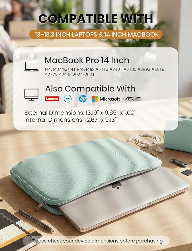 DOMISO Laptop Case Laptop Sleeve Cover for 14 inch Mac Book Pro M4/M3/M2/M1 Pro/Max, Compatible with 13.3 inch HP Dell ASUS Notebook, Water-Resistant Bag with Scalable Handle and Small Case,Mint Green