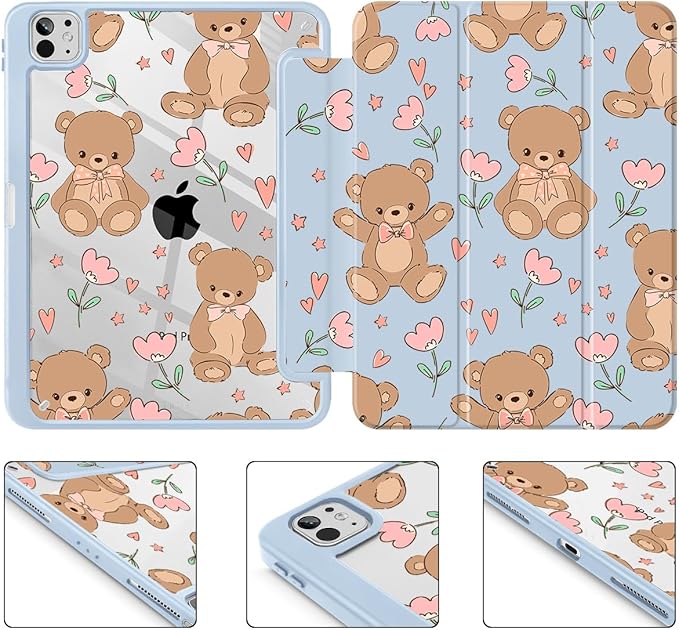 May Chen for iPad Pro 13 Inch Case M5 2025 / M4 2024, Built Pencil Holder & Clear Transparent Print Back Shell Slim Stand Shockproof Tablet Cover, Auto Wake/Sleep, Cute Teddy Bear