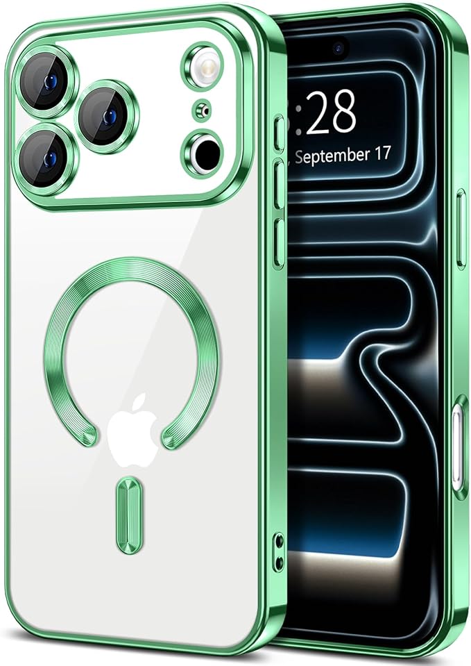 Hython Magnetic Clear for iPhone 17 Pro Max Case with Camera Lens Protector [Compatible with MagSafe] Plating Edge Slim Soft TPU Cover Protective Phone Case for iPhone 17 Pro Max 6.9", Light Green