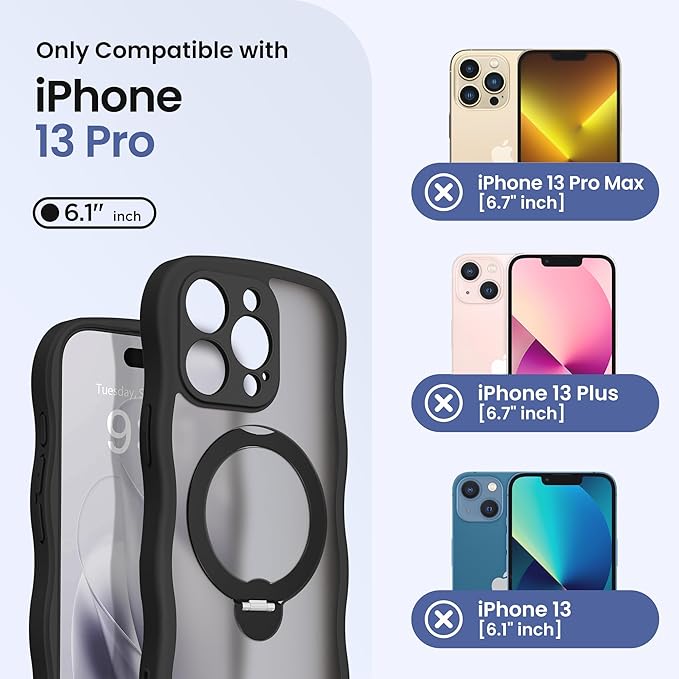 CAPRARO for iPhone 13 Pro Case with 360° Spin Magnetic Stand for Women, [Compatible with MagSafe] [Full Camera Protection] Cute Wave Translucent Matte Case for iPhone 13 Pro, Black