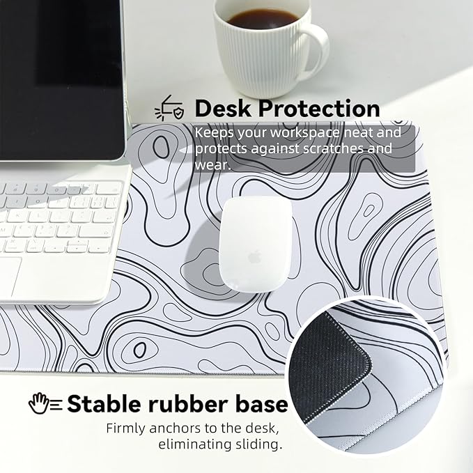 Reniteco Waterproof Large Gaming Mouse Pad with Durable Stitched Edges, Non-Slip Rubber Base, Grainy Jacquard Mouse Mat Desk Pad for Home Office Gaming, 31.5''x11.8''x0.12'', Topographic Map White