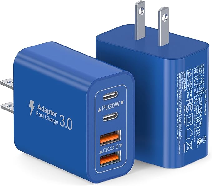[2-Pack] 40W USB C Charger Block, 4-Port Type C Fast Charging Brick Dual PD&QC Wall Plug Adapter Power Brick for iPhone 13/14/15/16/17/Pro/Pro Max/Plus/iPad/Airpods/iwatch/Samsung Galaxy (Blue)