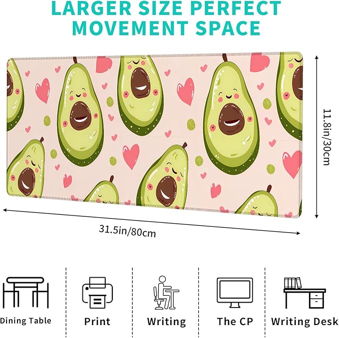 Happy Avocado Gaming Mouse Pad – 12x31.5in Non-Slip Rubber Desk Mat with Cute Fruit and Heart Design – Large Extended Mousepad for Office Home – Deskmat Gifts for Food Kawaii Lovers Decor
