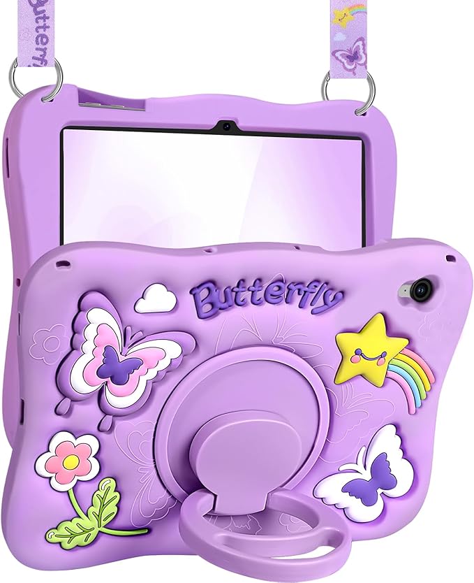 Kidcube for Galaxy Tab S10 FE Case, for Samsung Galaxy Tab S9 FE Case 10.9" - Girls Cute Kawaii Girly 3D Purple Butterfly Design Cover with Rotating Stand & Strap Unique Silicone Women Tablet Covers