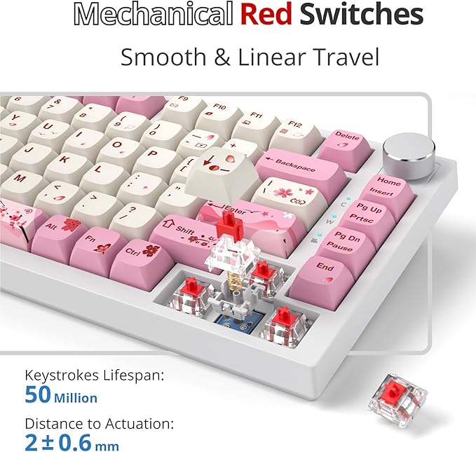 Fogruaden Wired 75% Percent Mechanical Keyboard, RGB Backlit 75 Percent Gaming Keyboard, Gasket Mount TKL Mechanical Keyboard, Hot Swappable Red Switch, NKRO Compact Pink Keyboard with Volume Knob