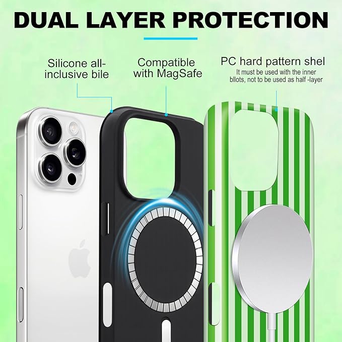 Magnetic for iPhone 15 Case Cute Stripes Phone Case, Shockproof Slim TPU and Hard PC Protective Phone Cover Compatible with MagSafe Designed for Women Girls, Deep Green