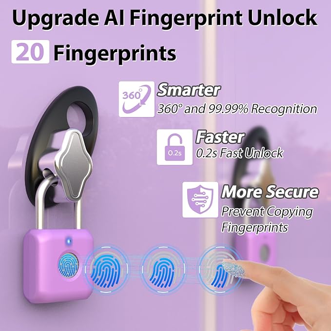 Fingerprint Padlock,Smart Padlock APP Control,Gym Locker Lock,Fingerprint Lock USB Rechargeable for Gym Locker,Locker, School,Storage Purple