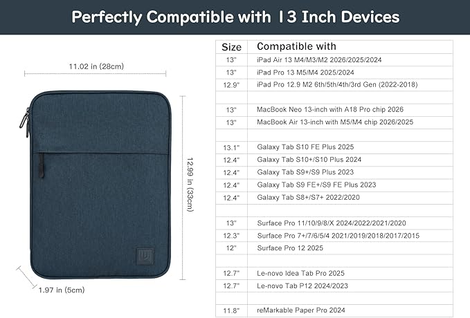 Dadanism 13 Inch Tablet Sleeve Padded Carrying Case for New iPad Air 13" M4/M3 2026/2025, iPad Pro 13" M5/M4 2025/2024, Galaxy Tab S10+/S9 FE+/S9+ 12.4", Remarkable Paper Pro 11.8", Indigo