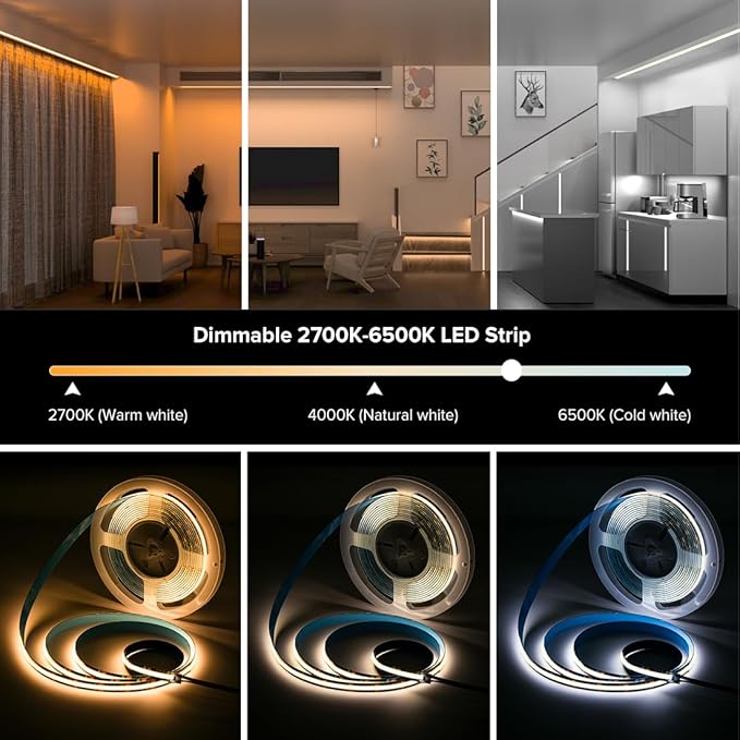 BTF-LIGHTING IP66 FCOB CCT COB LED Strip Tunable 2700K-6500K DC24V 2X16.4FT Total 32.8FT 640LED/m CRI 90+ Flexible High Density LED Light Black PCB for Indoor Decor(No Adapter or Controller)