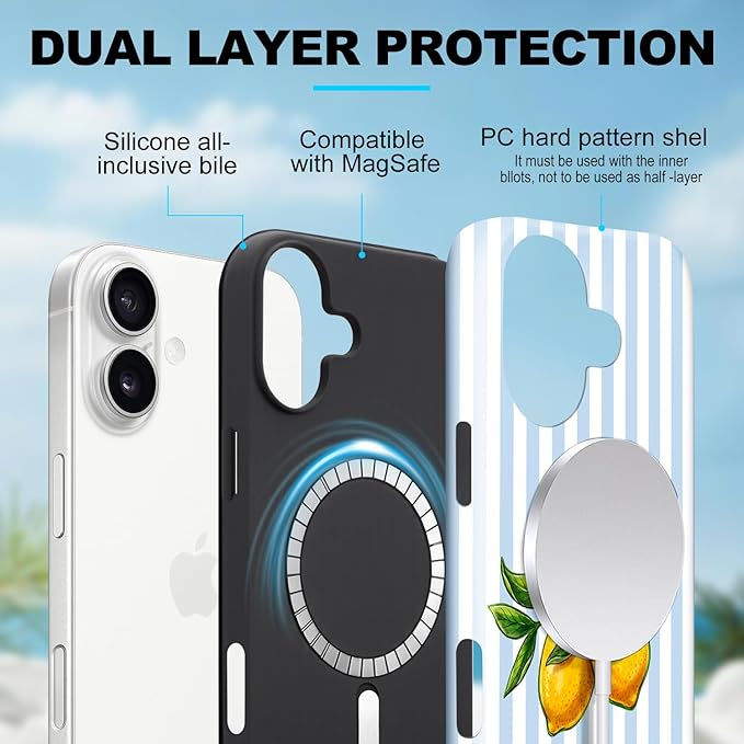 Magnetic for iPhone 17 Case Cute Lemon Stripes Phone Case, Shockproof Slim TPU and Hard PC Protective Phone Cover Compatible with MagSafe Designed for Women Girls, Blue