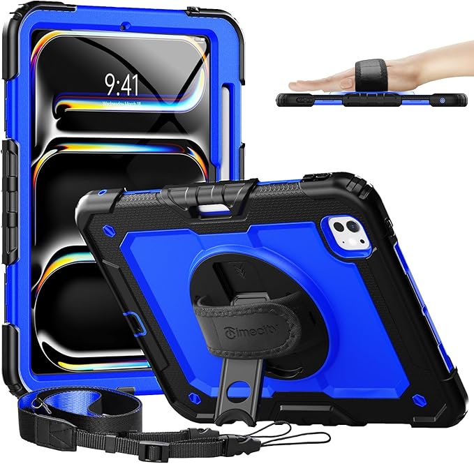 timecity Case for iPad Pro 11 Inch M5 2025 / M4 2024, 360° Rotating Stand, Pencil Holder & Wireless Charging, Shockproof with Screen Protector & Shoulder Strap -for Designers & Professionals,Dark Blue
