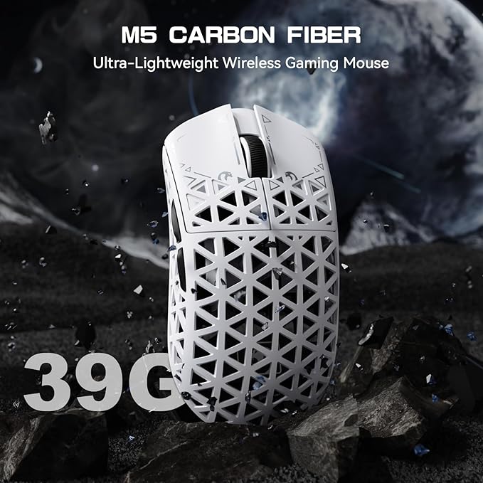 MAMBASNAKE M5 Ultra Carbon Fiber 8KHz Wireless Gaming Mouse,PAW3950 Sensor 42K DPI,39g Lightweight Tri-Mode 2.4GHz/BT/Wired Computer Mice,Web Driver Support,for Win/Mac/FPS/MOBA/Esports-White (A)