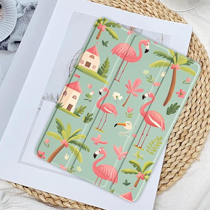 JOYLAND Forest Flamingo Case for iPad (A16) 11th Gen 2025 11-inch/10th Gen 2022 10.9 inch, Girly Clear Acrylic Hard Back Green Case with Pencil Holder Trifold Stand Tablet Cover for Women
