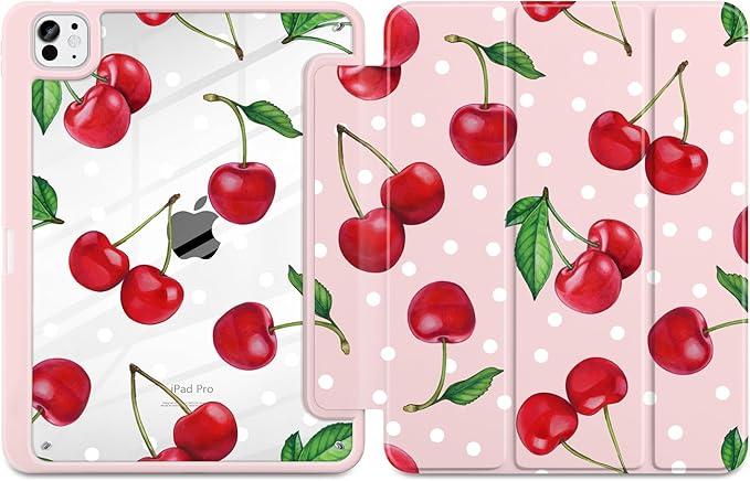 TWOLSKOO Case for iPad Pro 11-inch (M5 2025 / M4 2024), Clear Acrylic Back with TPU Bumper, Pencil Holder, Trifold Stand, Auto Sleep/Wake, Cherries