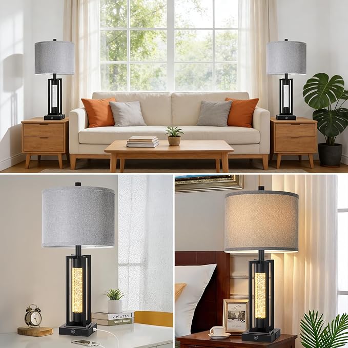 TOBUSA 26’’ Farmhouse Table Lamps for Living Room Set of 2, Modern Nightstand Lamps with Crystal Night Light & 2 USB Ports, Vintage Home Decor Black Bedside Lamps with Gray Linen Shade for Bedroom