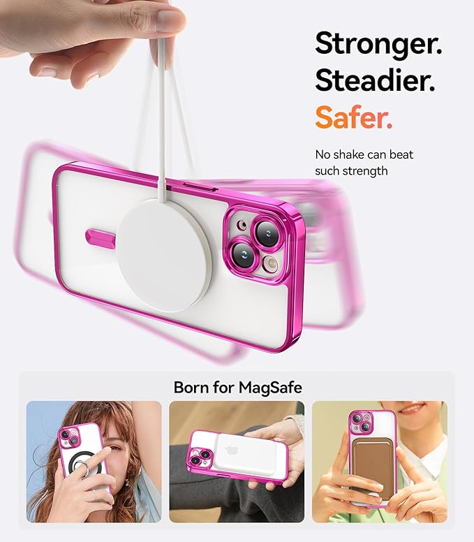Meifigno for iPhone 15 Case 6.1", [Glitter Card & Wrist Strap] [Compatible with MagSafe] [2X Screen Protectors] Surround Raised Camera Lens Protection for iPhone 15 Case, Hot Pink