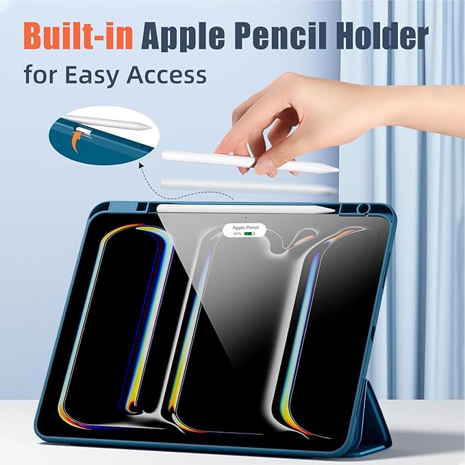 New Compatible with iPad Pro 13 inch Case M5 2025/M4 2024 with Built-in Pencil Holder, Kidopire for iPad Pro 13 Case with Hard Clear Back Shell, Support Pencil Pro, Auto Wake/Sleep, PeacockBlue