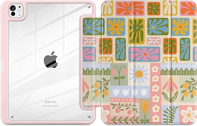 Case for iPad Pro 13 inch (M5) 2025 (M4) 2024 Release Slim Lightweight Cute Light Pink Cover with Clear Back TPU Edge Pencil Holder Trifold Stand, Flower Patchwork