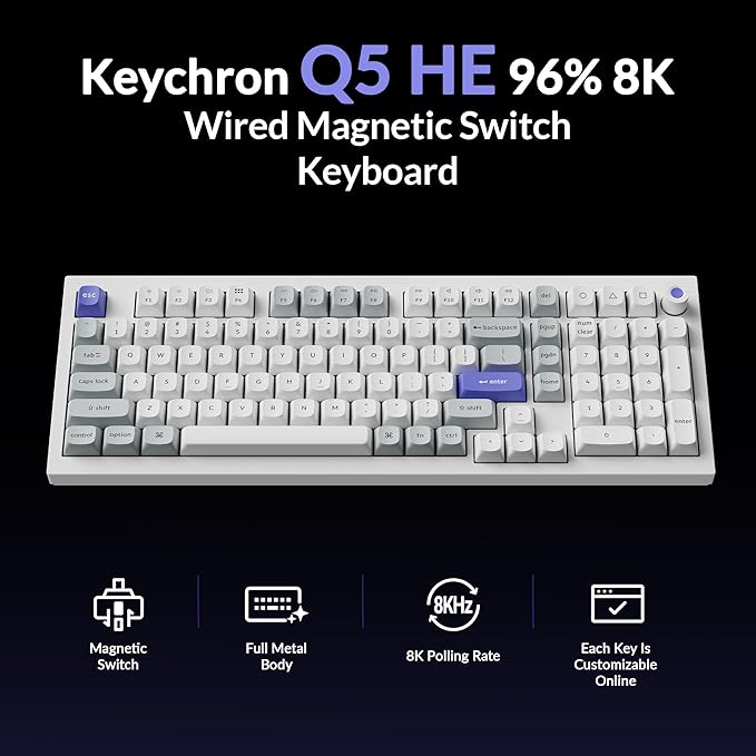 Keychron Q5 HE 96% 8K Wired Hall Effect Gaming Keyboard, Rapid Trigger Magnetic Switches Keyboard Hot Swappable, 8000 Hz Polling Rate, Adjustable Actuation, Aluminum, RGB, QMK, Mac/Windows – White