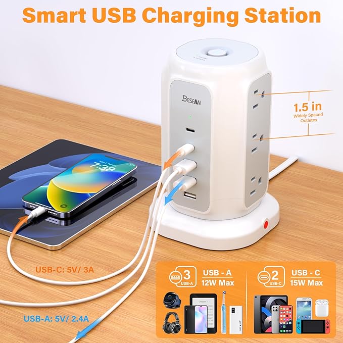 Power Strip Tower, 1625W Surge Protector with 9AC Outlets 5 USB Ports, 6.5 FT Extension Cord Charging Tower for Multiple Devices, for Office Supplies, Dorm Room Essentials for Girls, Guys
