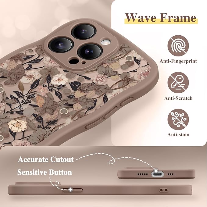GVIEWIN for iPhone 15 Pro Case Compatible with MagSafe [Curly Wave Edge][Full Camera Protection] Floral Translucent Shockproof Magnetic Women Phone Case for iPhone 15 Pro 6.1'', Apricot Blossom/Brown