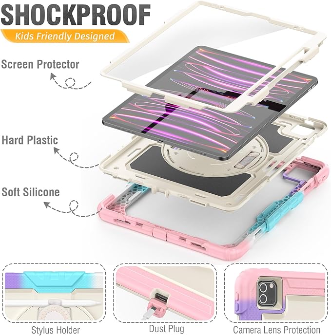 HXCASEAC Case for iPad Pro 12.9 Case (6th 5th 4th 3rd Generation), Shockproof Design | Pencil Holder | Hand Strap | Screen Protector | Heavy Duty Protective iPad 12.9 inch 2022/2021/2020/2018 - Pink