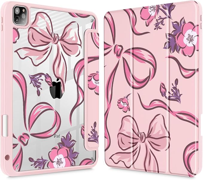 Mektron Case for iPad Pro 11 inch (4th, 3rd, 2nd & 1st Gen) 2022 2021 2020 2018, Buit in Pencil Holder with Shockproof Cover Clear Shell + Auto Wake/Sleep, Flowers-Bows-Pink